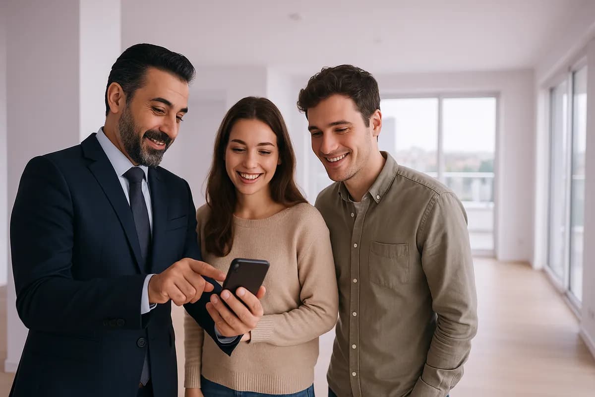 Emlak danışmanı genç bir çifte telefonundan ilan gösteriyor