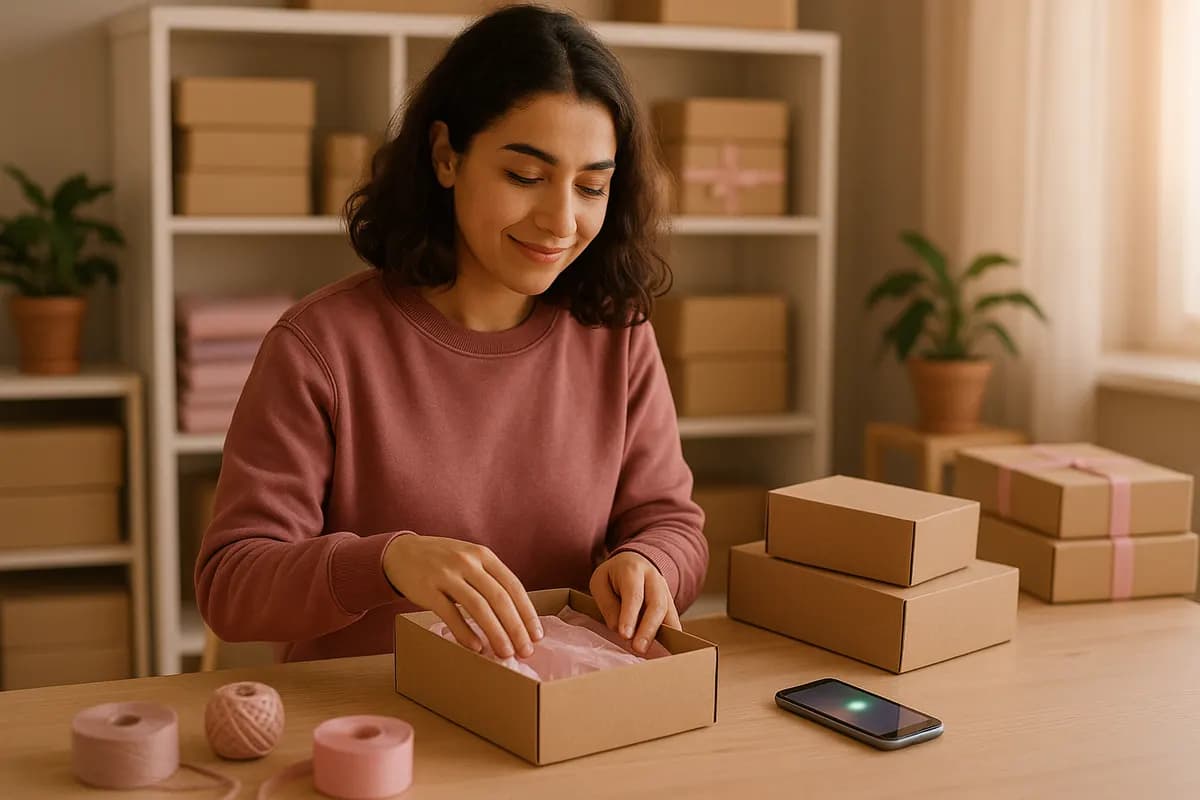 E-ticaret girişimcisi siparişleri kargo kutusuna paketliyor