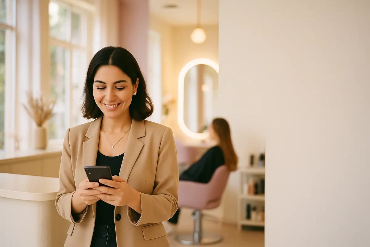 Güzellik salonu sahibi resepsiyonda telefonuna bakarak gülümsüyor