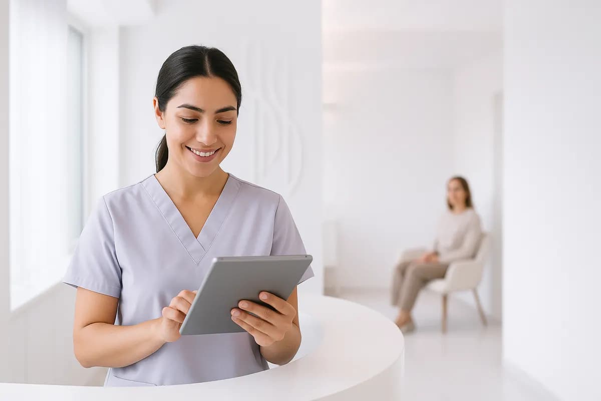 Klinik resepsiyon görevlisi tablette randevuları kontrol ediyor