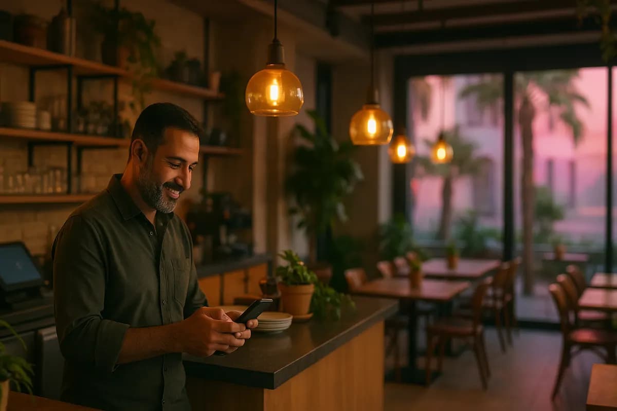 Kafe sahibi tezgahın arkasında telefonundan rezervasyonlara bakıyor